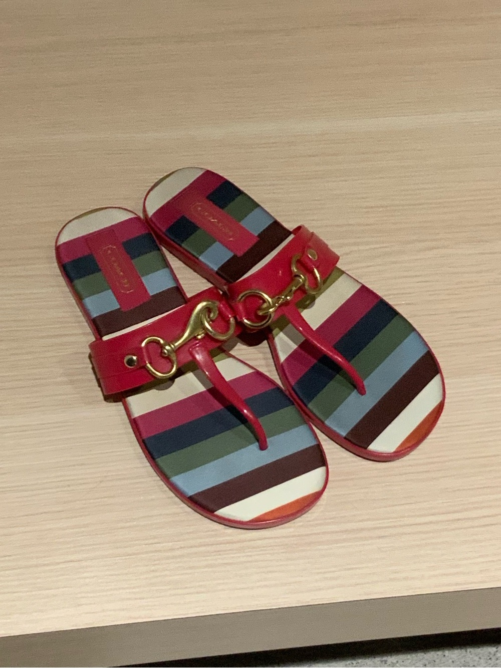 Coach Red Leather Thong Sandals with Multicolor Stripes